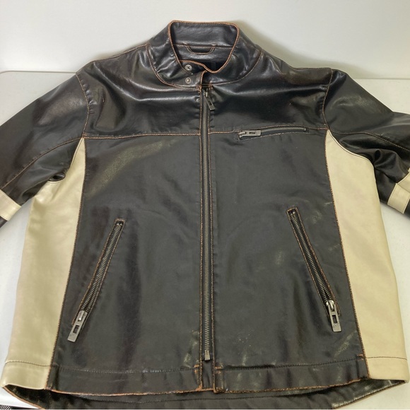 Vintage Men’s Brown Bomber Jacket w Cream Sides and Stripes on Sleeves, Large - Picture 4 of 15